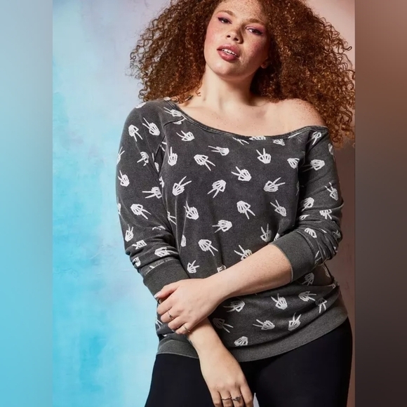 Lovesick Tops - Torrid Lovesick Peace Skeleton Off Shoulder Tunic Sweatshirt Size 3